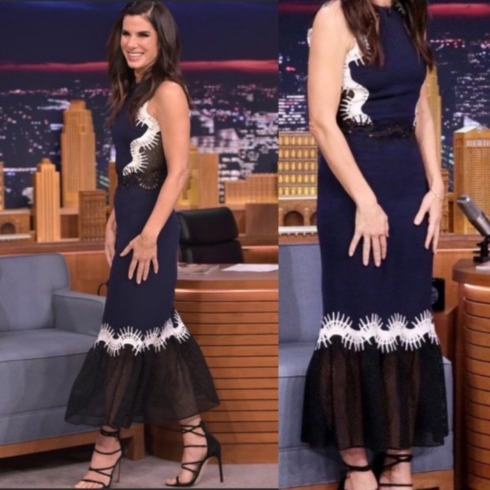 Jonathan Simhai White Embroidered Navy Mesh Midi